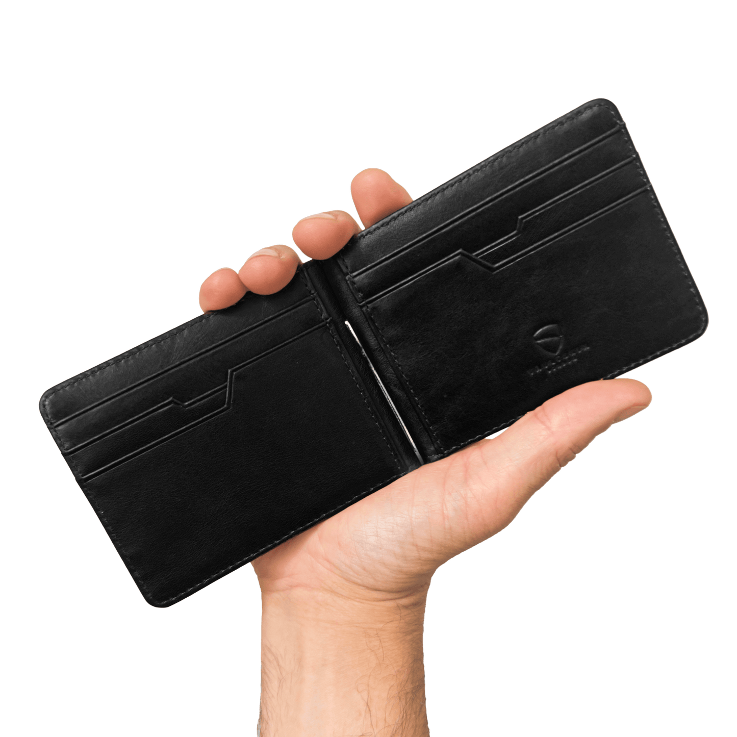 Vaultskin BROMPTON black wallet open – RFID protected slots and cash compartment