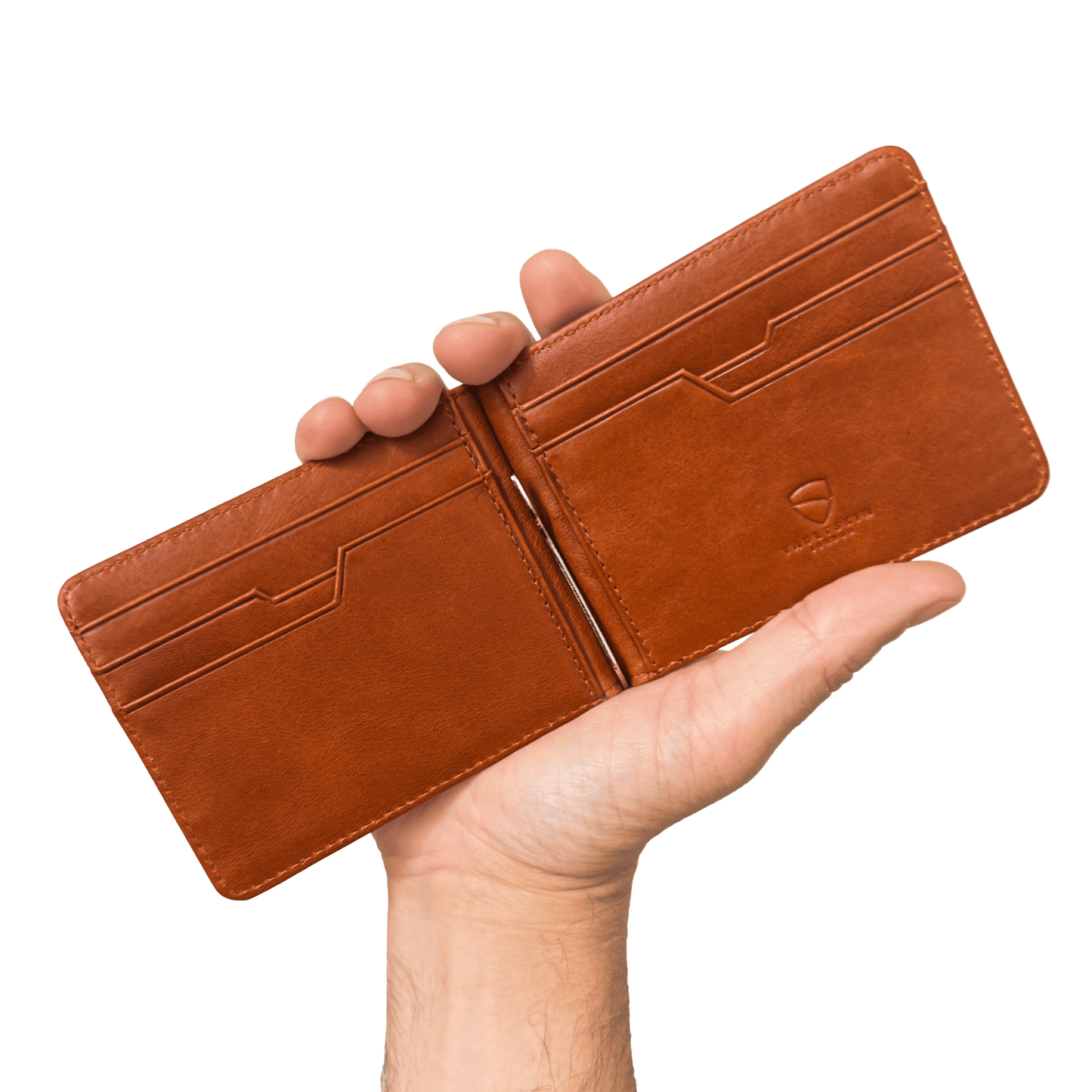 Vaultskin BROMPTON cognac wallet open – premium leather interior with RFID protection